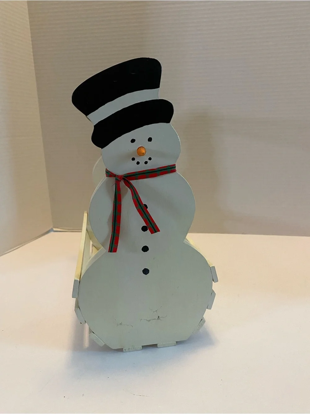 Vintage Snowman Wooden Basket W Handle Christmas Holiday White, Decor.